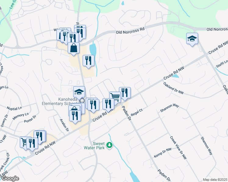 map of restaurants, bars, coffee shops, grocery stores, and more near 3045 Binghampton Lane in Lawrenceville
