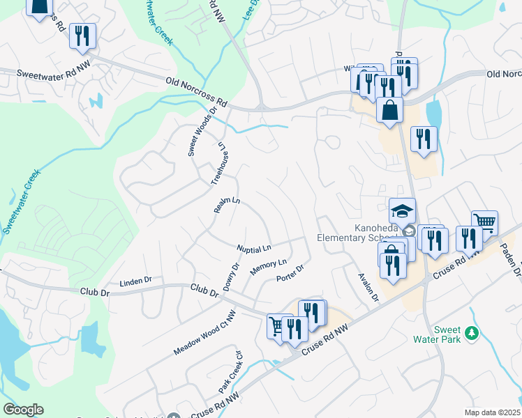 map of restaurants, bars, coffee shops, grocery stores, and more near 1129 Realm Lane in Lawrenceville
