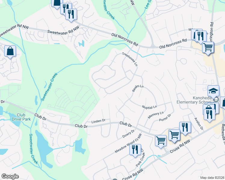 map of restaurants, bars, coffee shops, grocery stores, and more near 2570 Treehouse Lane in Lawrenceville
