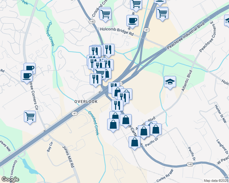 map of restaurants, bars, coffee shops, grocery stores, and more near 6925 Jimmy Carter Boulevard in Norcross