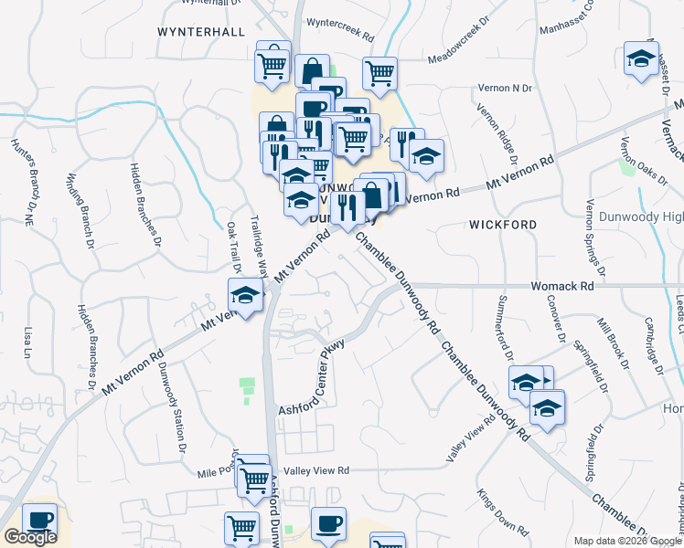 map of restaurants, bars, coffee shops, grocery stores, and more near 4968 Village Terrace Drive in Dunwoody