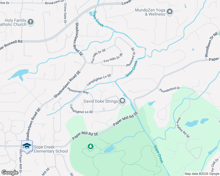map of restaurants, bars, coffee shops, grocery stores, and more near 231 Lamplighter Lane Southeast in Marietta