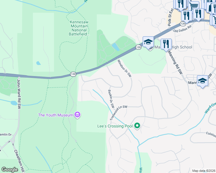 map of restaurants, bars, coffee shops, grocery stores, and more near 381 Hermitage Court in Marietta