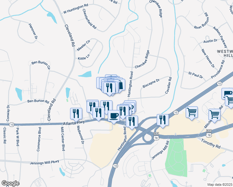 map of restaurants, bars, coffee shops, grocery stores, and more near 3700 Atlanta Highway in Bogart
