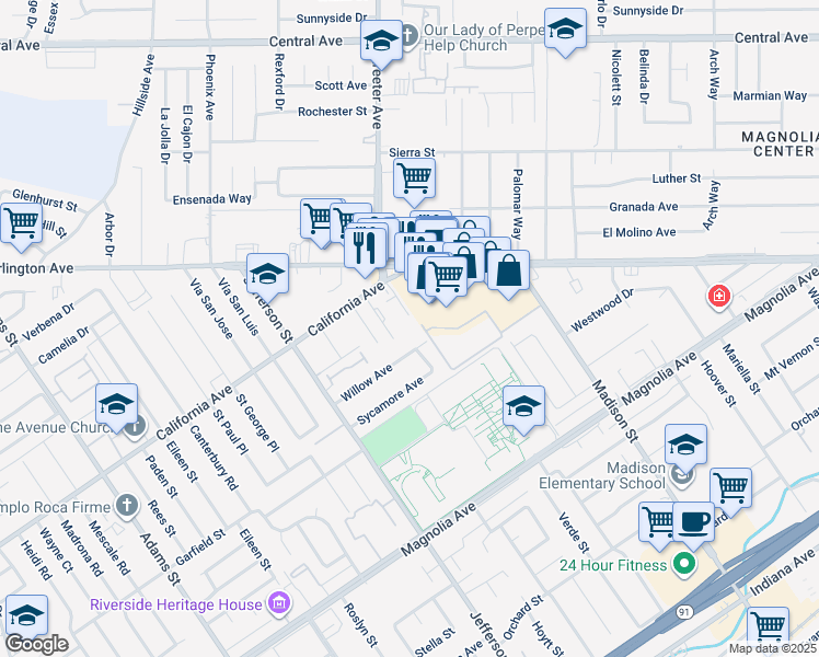 map of restaurants, bars, coffee shops, grocery stores, and more near 4112 Melrose Street in Riverside