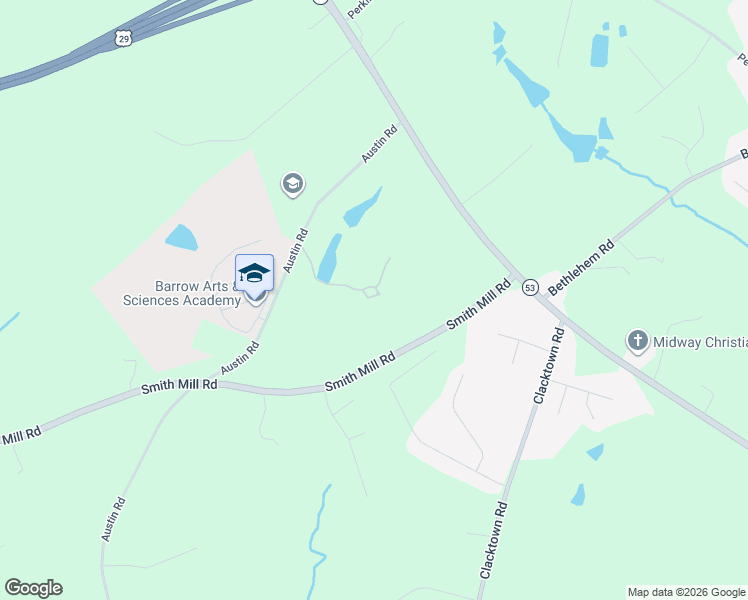 map of restaurants, bars, coffee shops, grocery stores, and more near 986 Austin Road in Winder