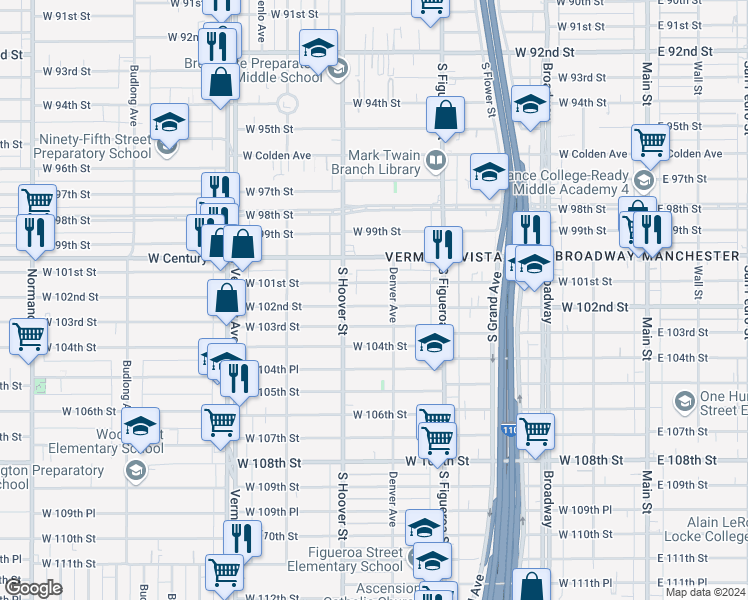 map of restaurants, bars, coffee shops, grocery stores, and more near 619 West 102nd Street in Los Angeles