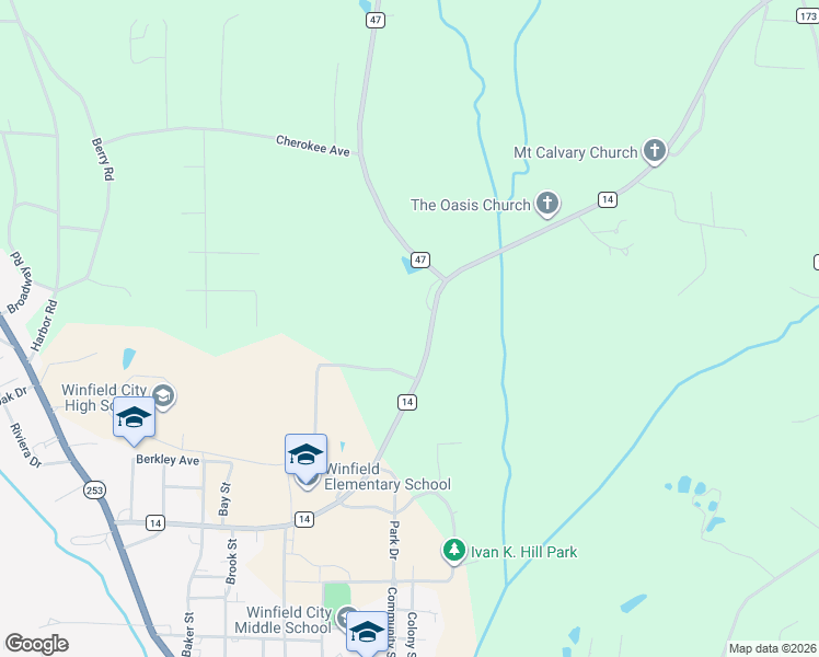 map of restaurants, bars, coffee shops, grocery stores, and more near 969 Co Road 14 in Winfield