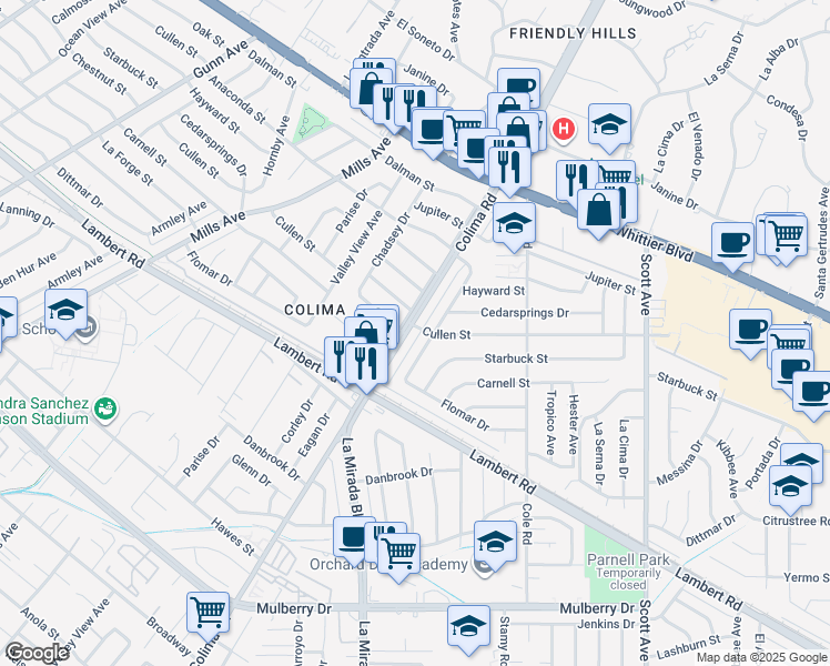 map of restaurants, bars, coffee shops, grocery stores, and more near 10120 Colima Road in Whittier
