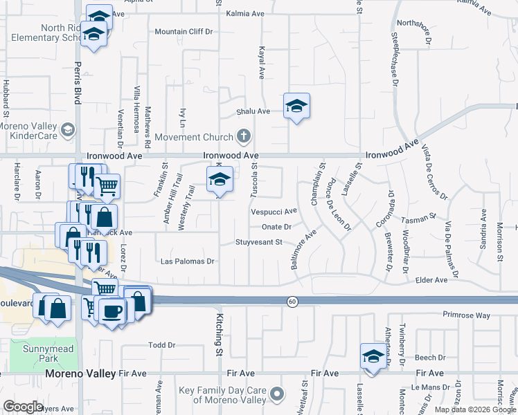 map of restaurants, bars, coffee shops, grocery stores, and more near 25626 Vespucci Avenue in Moreno Valley