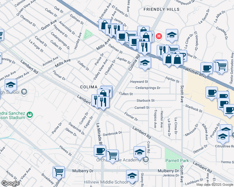 map of restaurants, bars, coffee shops, grocery stores, and more near 10120 Colima Road in Whittier