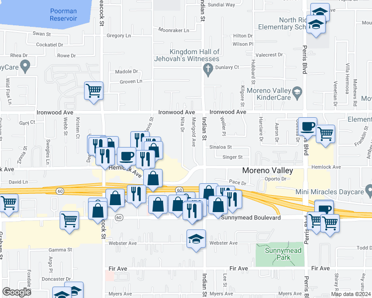 map of restaurants, bars, coffee shops, grocery stores, and more near 12176 Nita Drive in Moreno Valley
