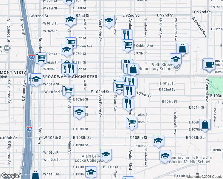 map of restaurants, bars, coffee shops, grocery stores, and more near 347 East 102nd Street in Los Angeles