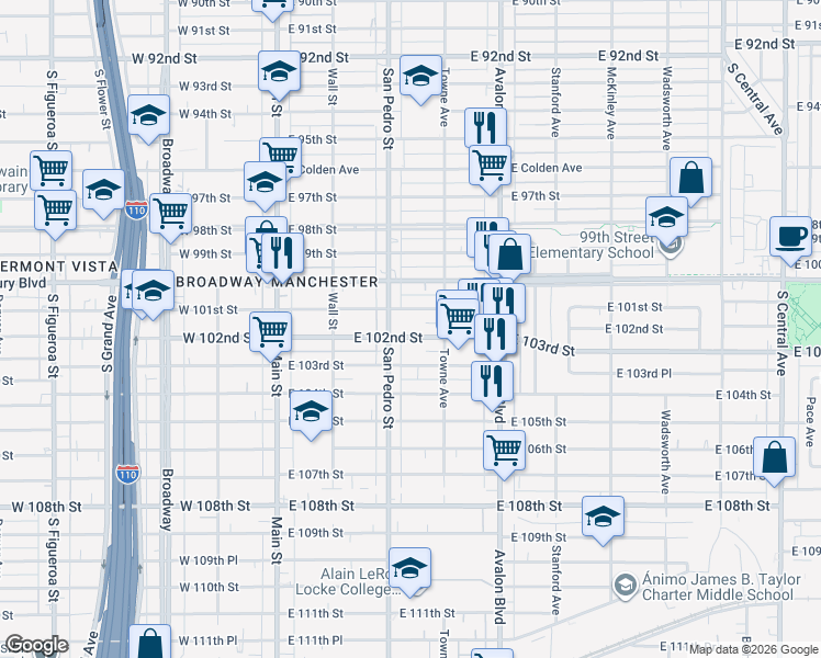 map of restaurants, bars, coffee shops, grocery stores, and more near 323 East 102nd Street in Los Angeles
