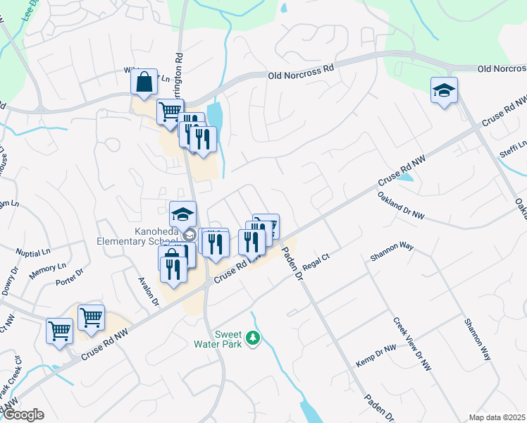 map of restaurants, bars, coffee shops, grocery stores, and more near 3045 Binghampton Lane in Lawrenceville