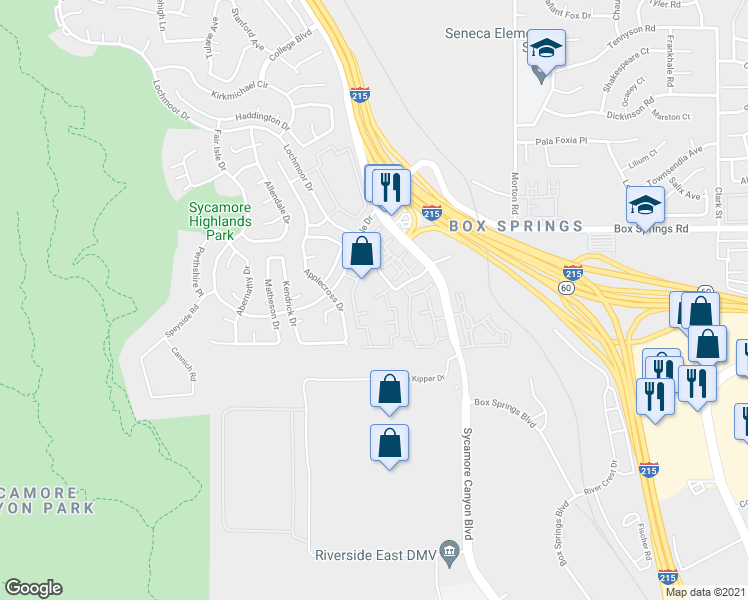 map of restaurants, bars, coffee shops, grocery stores, and more near 5880 Fair Isle Drive in Riverside