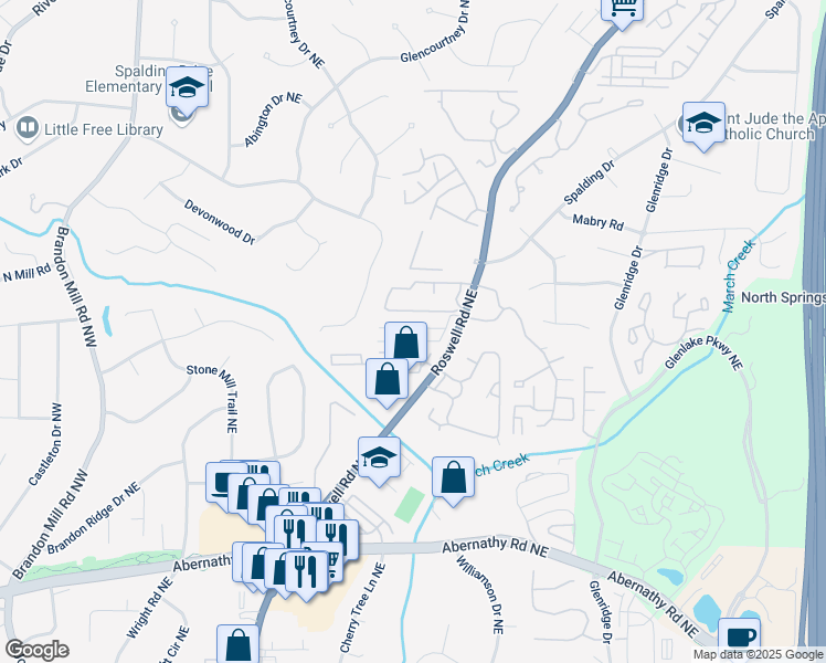 map of restaurants, bars, coffee shops, grocery stores, and more near 6940 Roswell Road Northeast in Atlanta