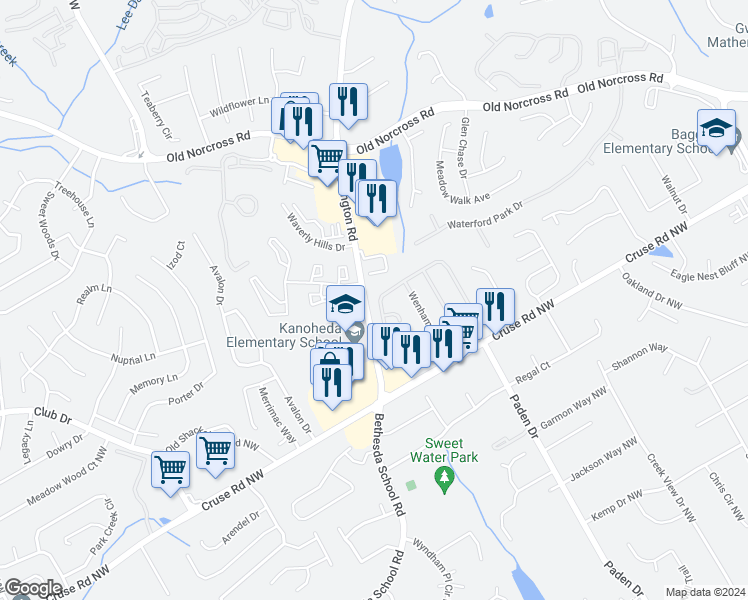 map of restaurants, bars, coffee shops, grocery stores, and more near 2730 Binghampton Lane in Lawrenceville