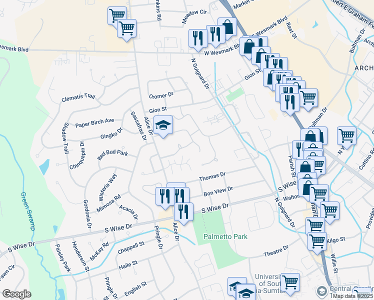 map of restaurants, bars, coffee shops, grocery stores, and more near 2224 Preot Street in Sumter