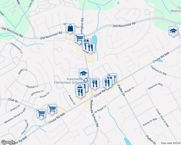 map of restaurants, bars, coffee shops, grocery stores, and more near 2690 Binghampton Lane in Lawrenceville