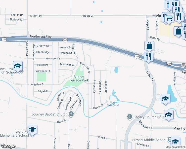 map of restaurants, bars, coffee shops, grocery stores, and more near 1607 Covington Street in Wichita Falls