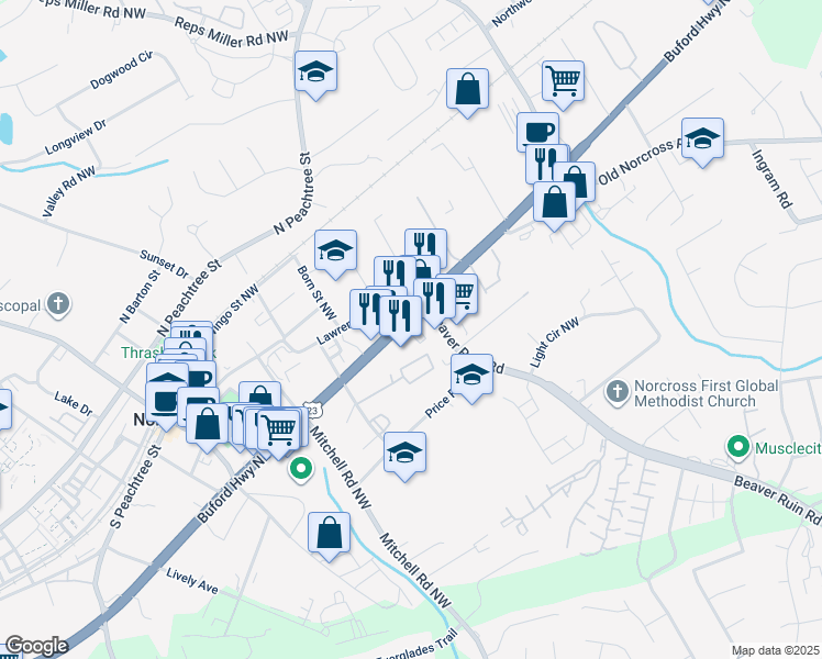 map of restaurants, bars, coffee shops, grocery stores, and more near 5506 Buford Highway in Norcross
