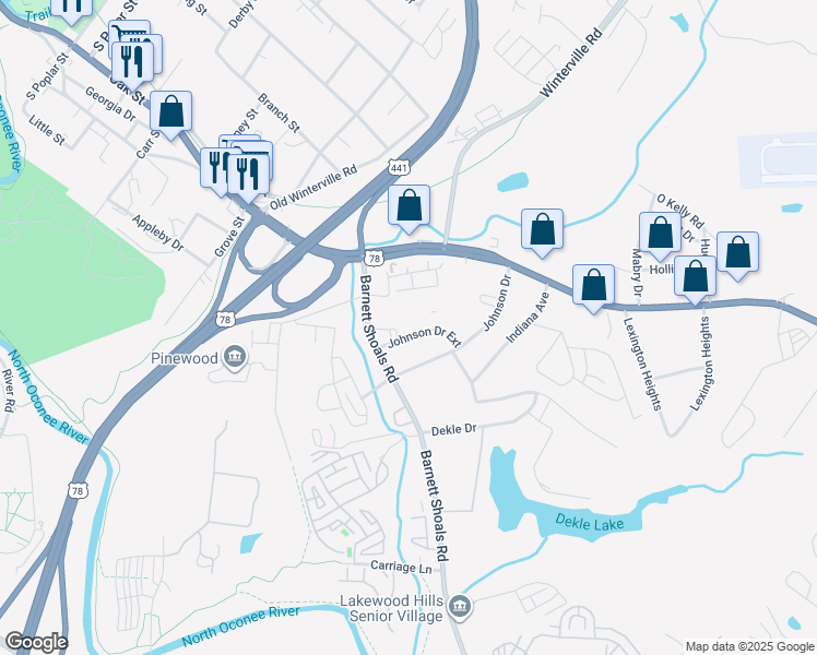 map of restaurants, bars, coffee shops, grocery stores, and more near 130 Johnson Drive Extension in Athens