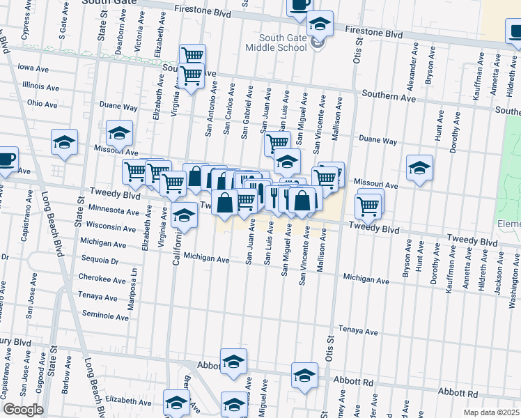 map of restaurants, bars, coffee shops, grocery stores, and more near 9916 San Juan Avenue in South Gate