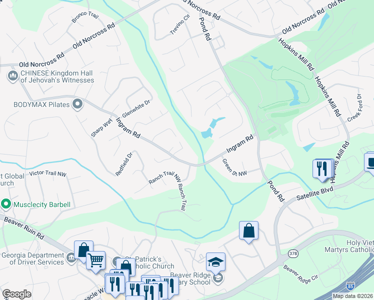 map of restaurants, bars, coffee shops, grocery stores, and more near 4870 Racquet Court in Duluth