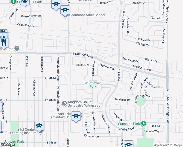 map of restaurants, bars, coffee shops, grocery stores, and more near 1339 Edelweiss Drive in Beaumont