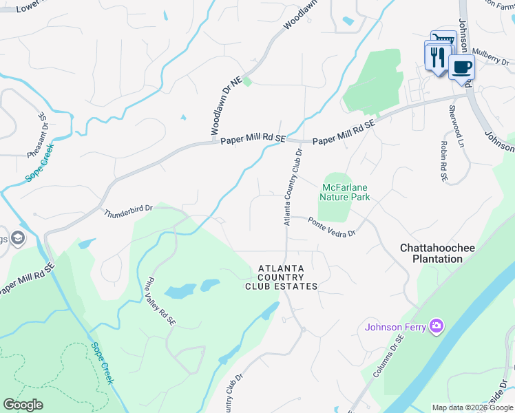 map of restaurants, bars, coffee shops, grocery stores, and more near 311 Rolling Rock Road in Marietta