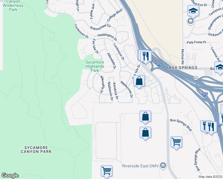 map of restaurants, bars, coffee shops, grocery stores, and more near 5978 Matheson Drive in Riverside