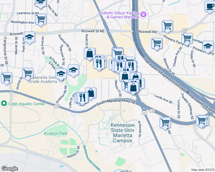 map of restaurants, bars, coffee shops, grocery stores, and more near 340 Bell Street Southeast in Marietta