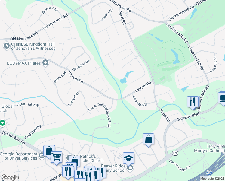 map of restaurants, bars, coffee shops, grocery stores, and more near 2252 Ingram Road in Duluth
