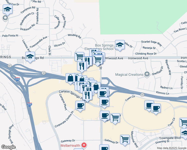 map of restaurants, bars, coffee shops, grocery stores, and more near 12125 Day Street in Moreno Valley