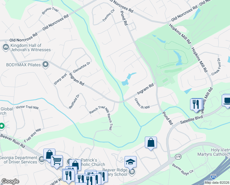 map of restaurants, bars, coffee shops, grocery stores, and more near 4870 Racquet Court in Duluth