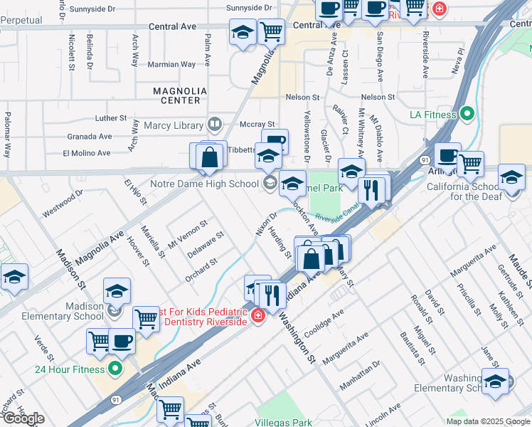 map of restaurants, bars, coffee shops, grocery stores, and more near 3592 Harding Street in Riverside