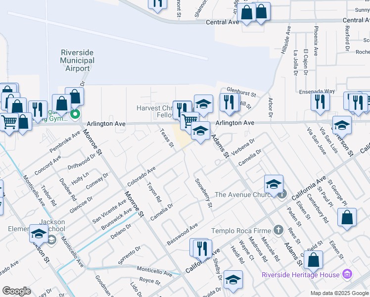 map of restaurants, bars, coffee shops, grocery stores, and more near 8426 Colorado Avenue in Riverside