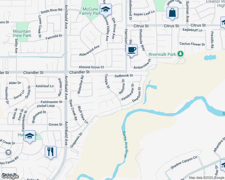 map of restaurants, bars, coffee shops, grocery stores, and more near 13907 San Aliso Court in Corona