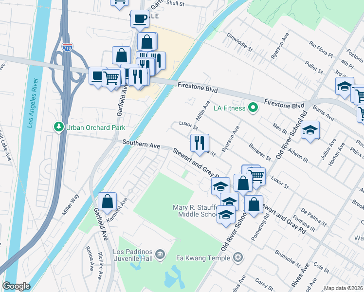map of restaurants, bars, coffee shops, grocery stores, and more near 7100 Stewart and Gray Road in Downey