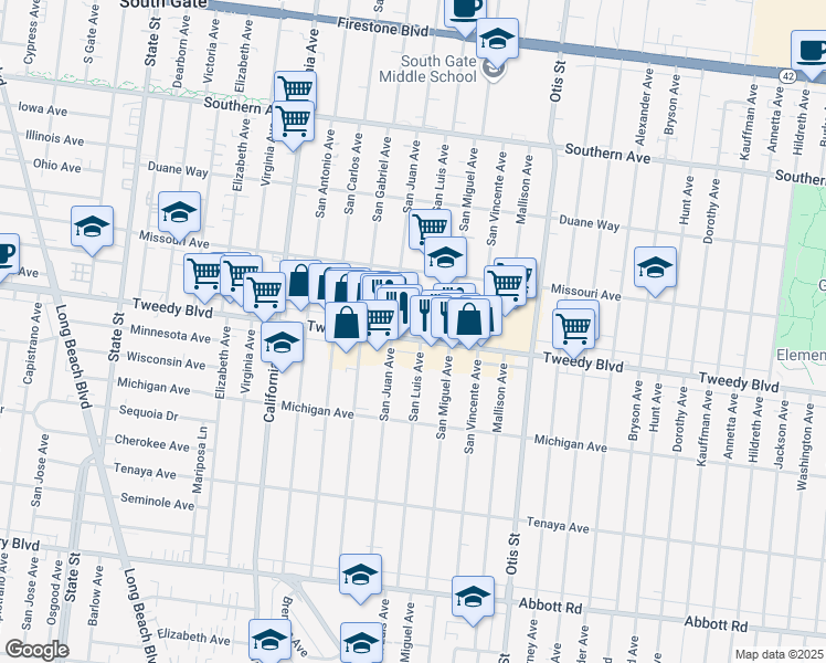 map of restaurants, bars, coffee shops, grocery stores, and more near 9916 San Juan Avenue in South Gate