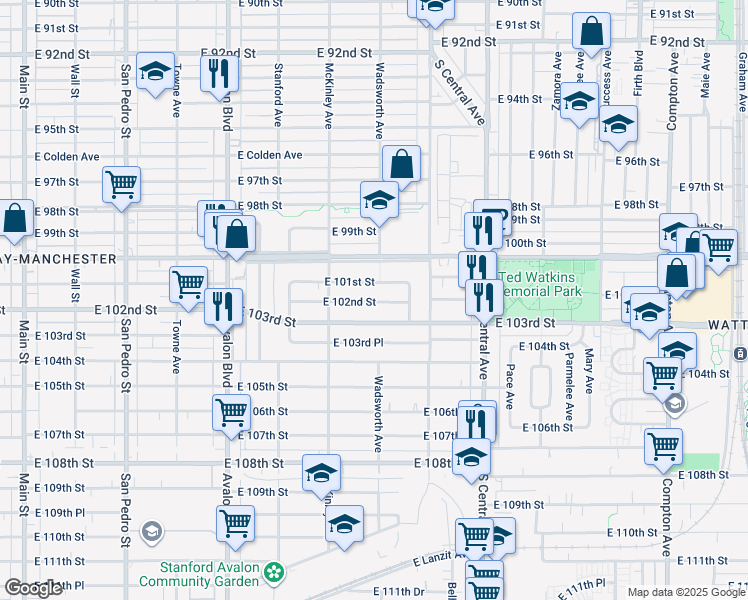map of restaurants, bars, coffee shops, grocery stores, and more near 901 East 103rd Street in Los Angeles