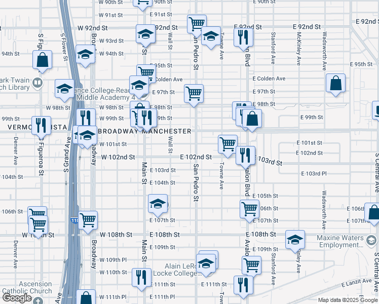 map of restaurants, bars, coffee shops, grocery stores, and more near 245 1/2 East 102nd Street in Los Angeles