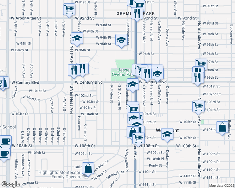 map of restaurants, bars, coffee shops, grocery stores, and more near 10214 South Saint Andrews Place in Los Angeles