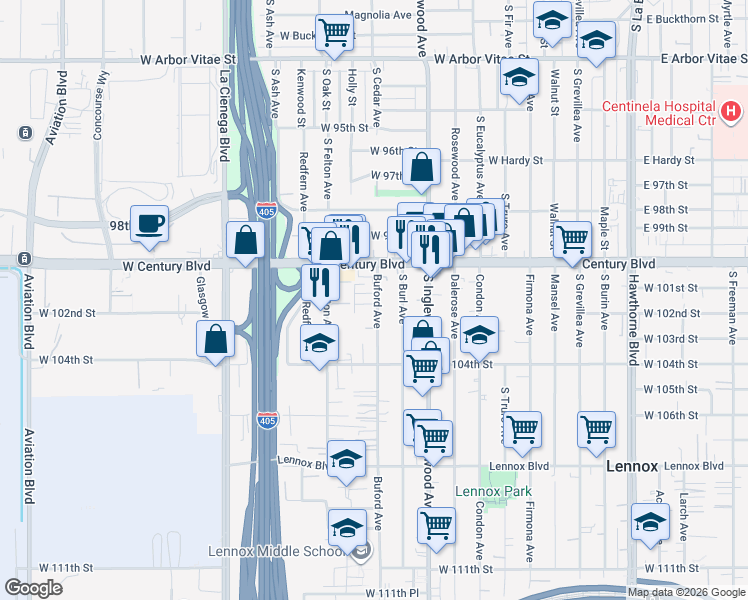 map of restaurants, bars, coffee shops, grocery stores, and more near 10213 1/2 Buford Avenue in Inglewood