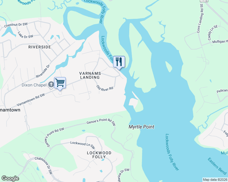 map of restaurants, bars, coffee shops, grocery stores, and more near 23 Old River Road in Varnamtown