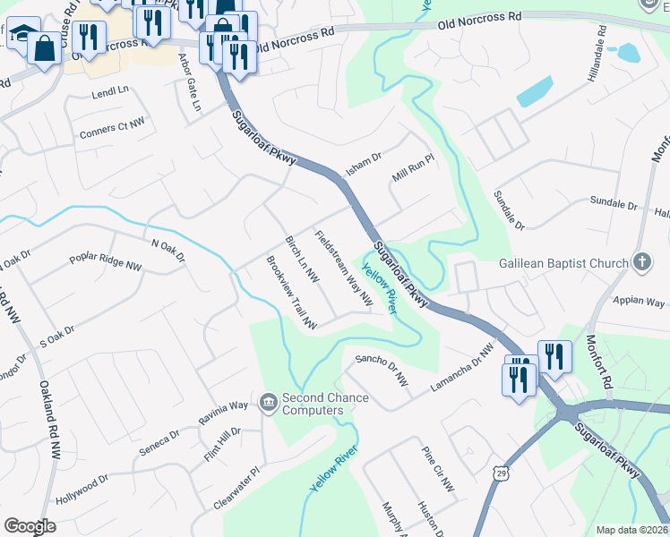 map of restaurants, bars, coffee shops, grocery stores, and more near 523 Fieldstream Way Northwest in Lawrenceville