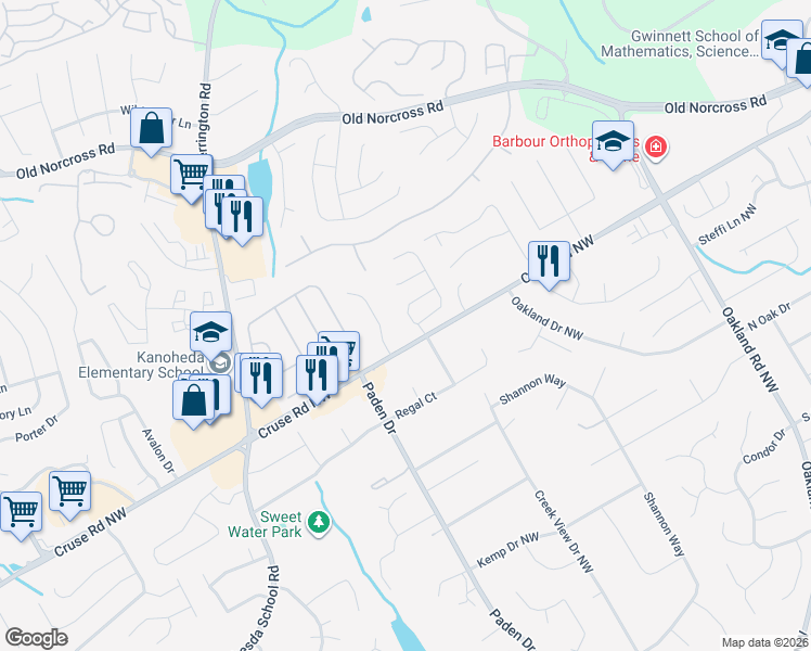 map of restaurants, bars, coffee shops, grocery stores, and more near 939 Regency Drive Northwest in Lawrenceville