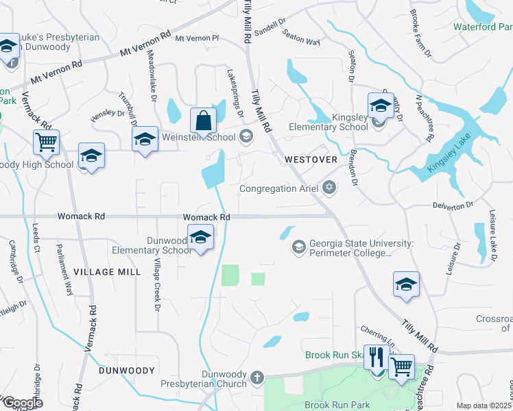 map of restaurants, bars, coffee shops, grocery stores, and more near 2101 Womack Road in Dunwoody