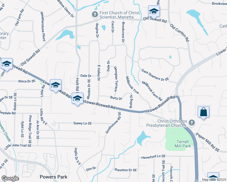 map of restaurants, bars, coffee shops, grocery stores, and more near 2820 Georgian Terrace in Marietta